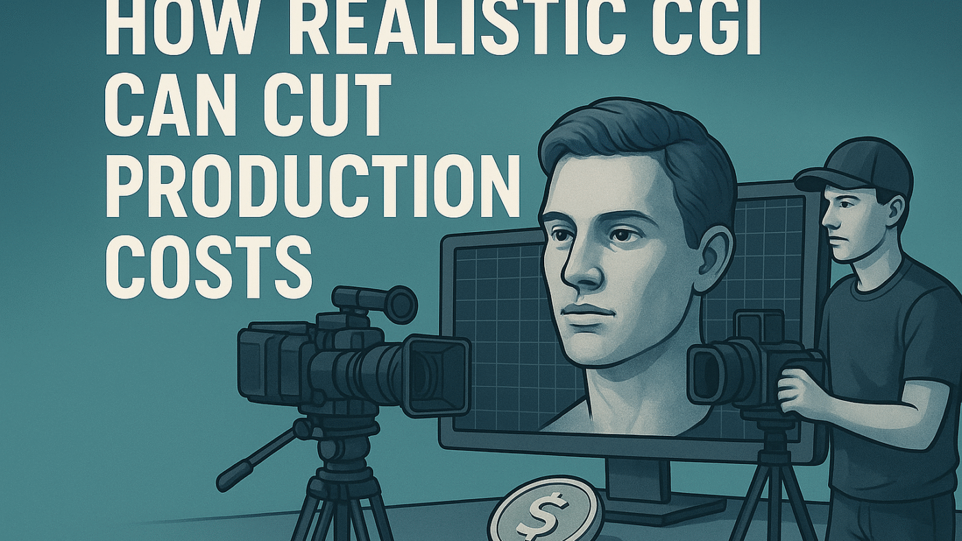 Teal-toned digital illustration with the text “How Realistic CGI Can Cut Production Costs,” showing a computer screen with a realistic 3D-rendered male head, two professional cameras, a cameraman, and a coin with a dollar sign symbolizing cost savings.